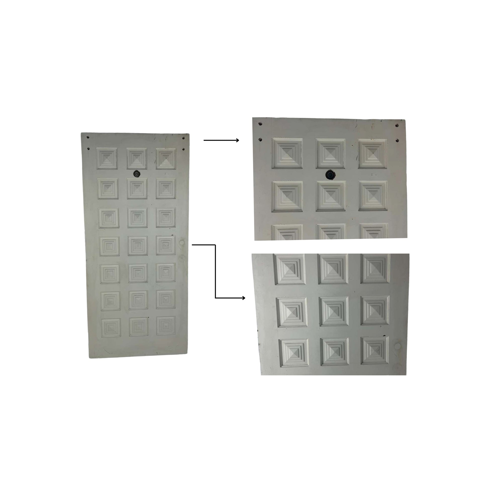 Details that appear on the inside of a mid-Century solid wood door against a white background