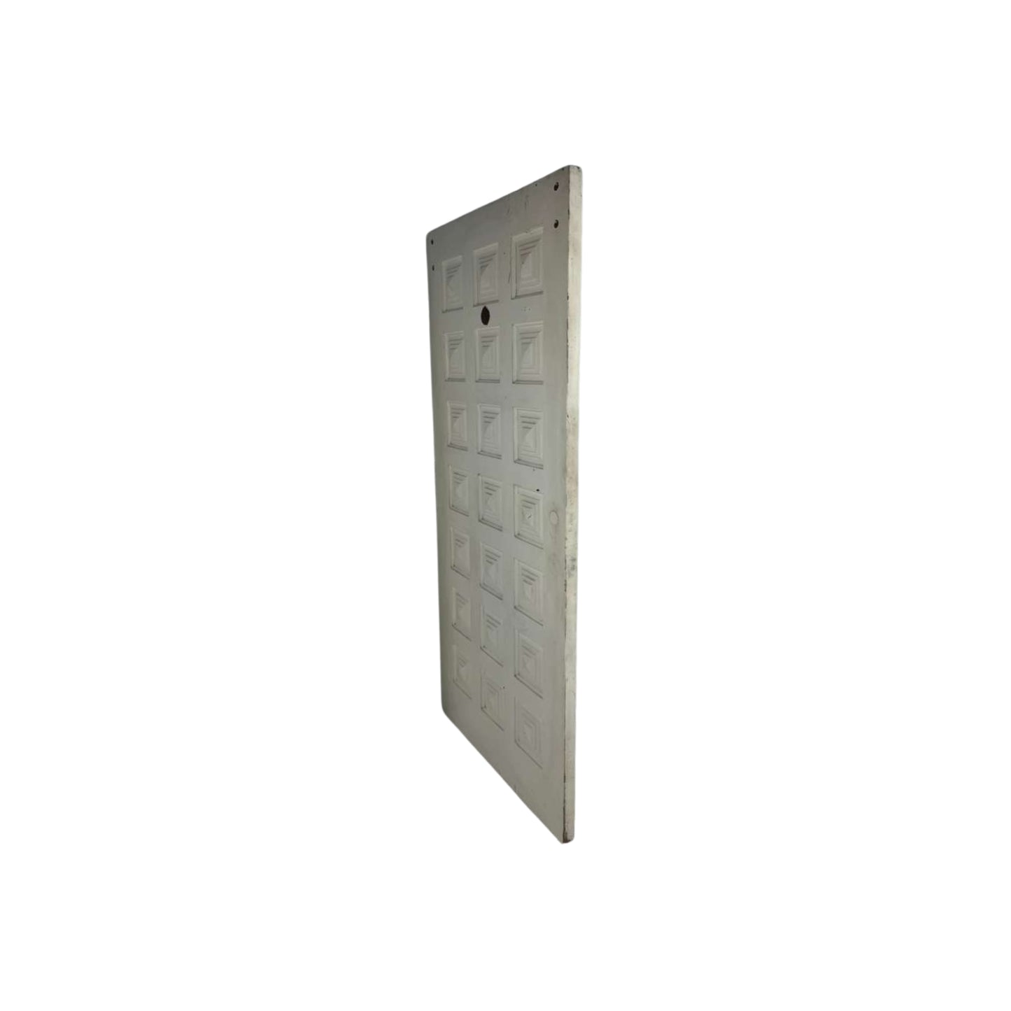 Side view of a mid-Century solid wood door on a white background