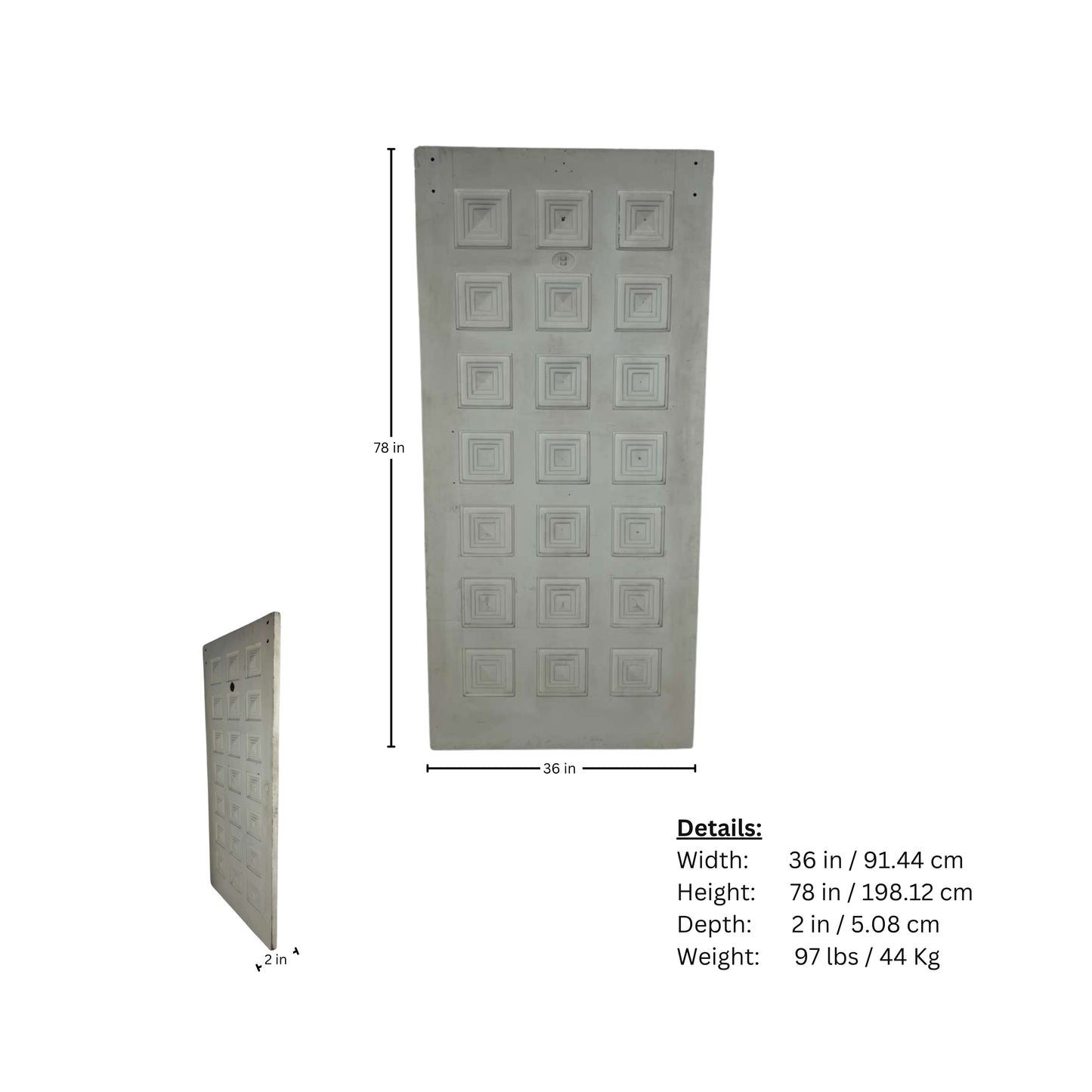 Page of measurements solid wood Mid-Century door on white background