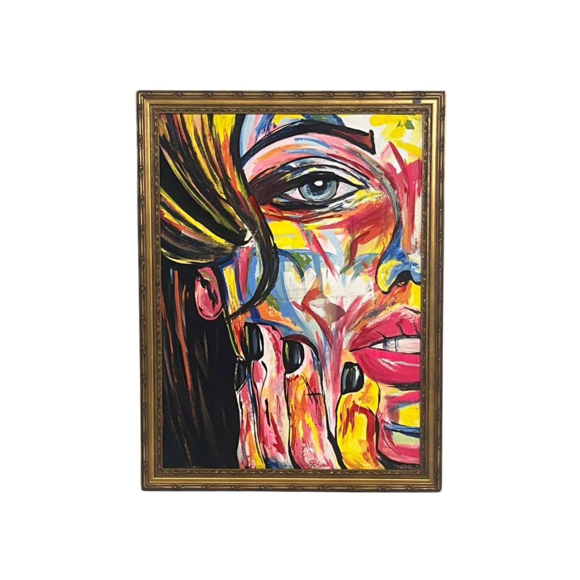 Colorful abstract painting of a face with a gold frame on a white background
