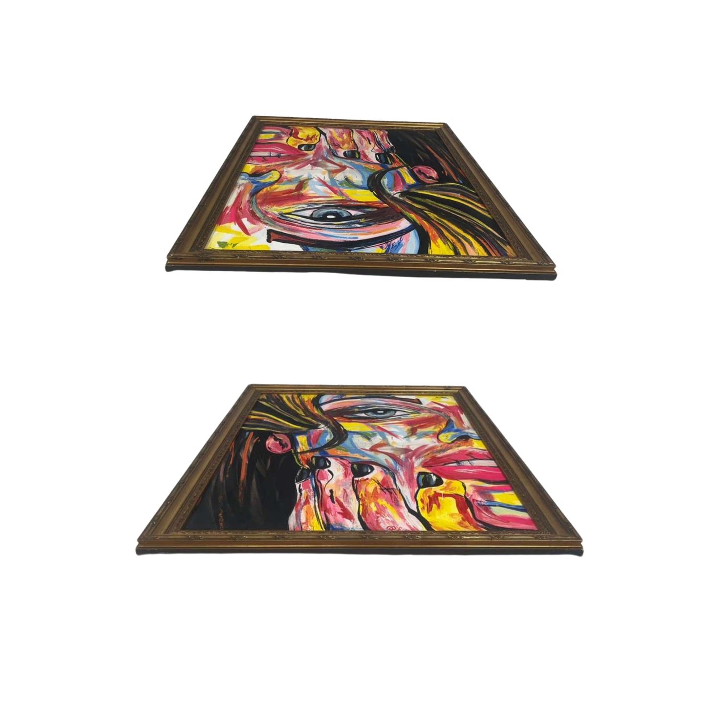 Top and Bottom view a colorful abstract painting of a face with a gold frame on a white background
