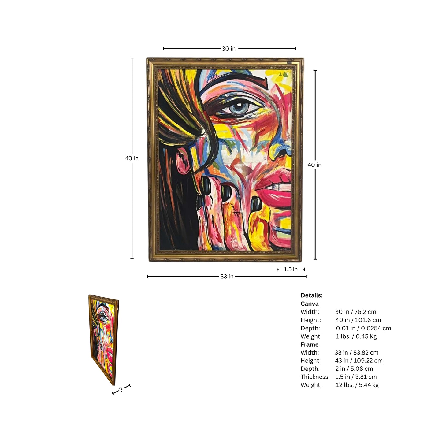 Colorful abstract art painting with dimensions and weight details on a white background
