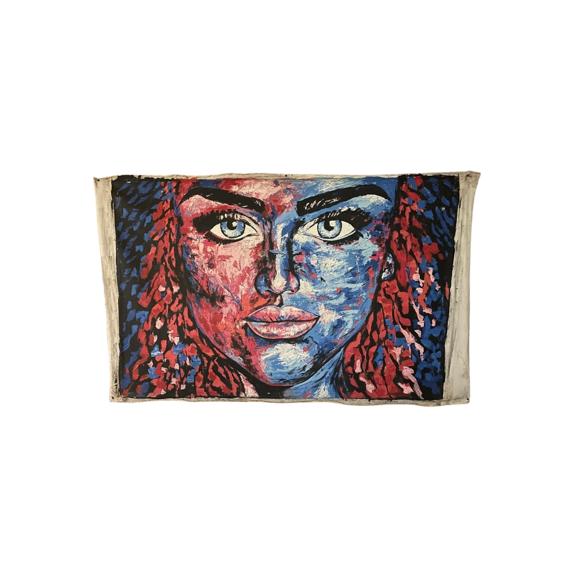 Front view of acrylic painting on canvas of a woman's face on a white background
