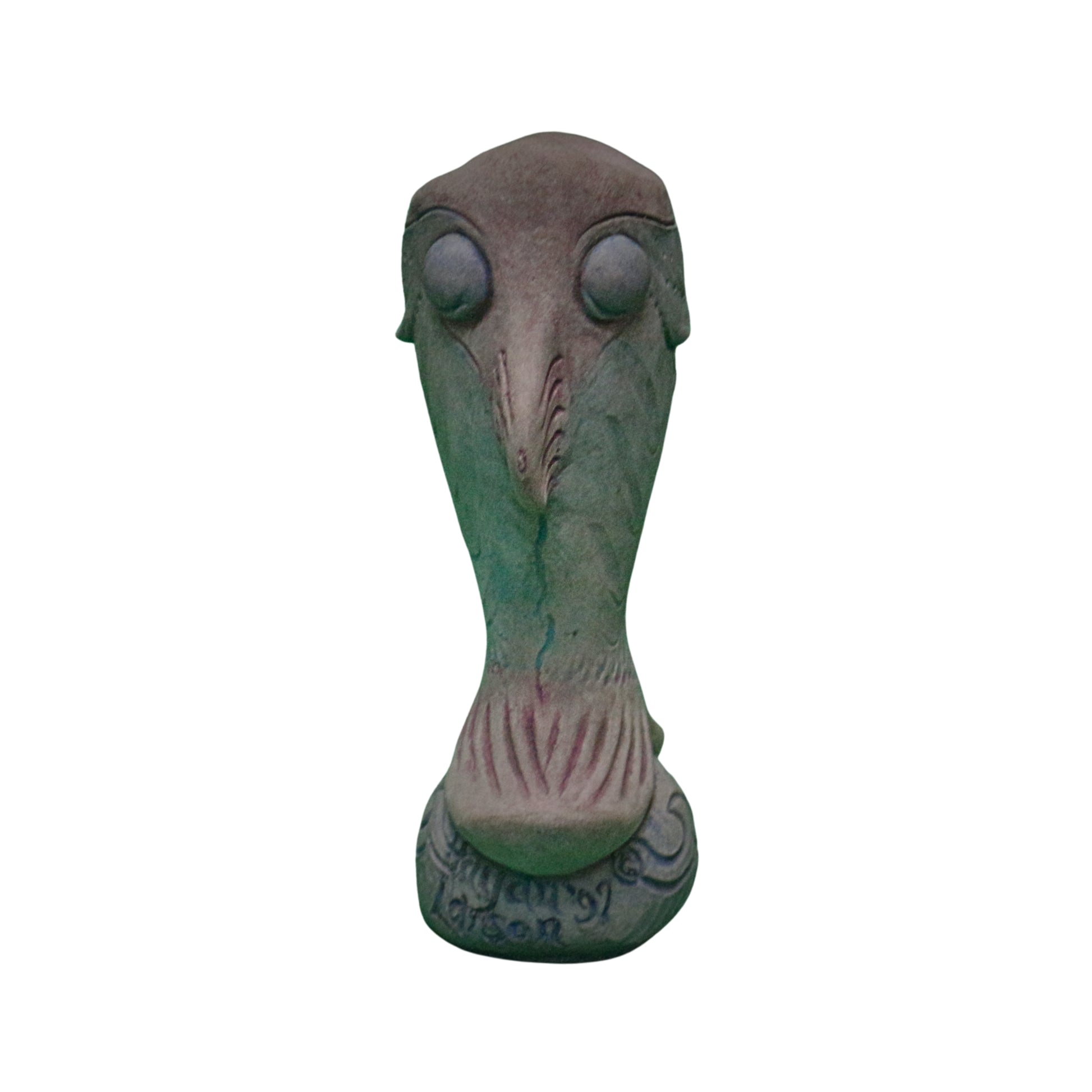 Front view of a decorative vase shaped like a fish on a white 
