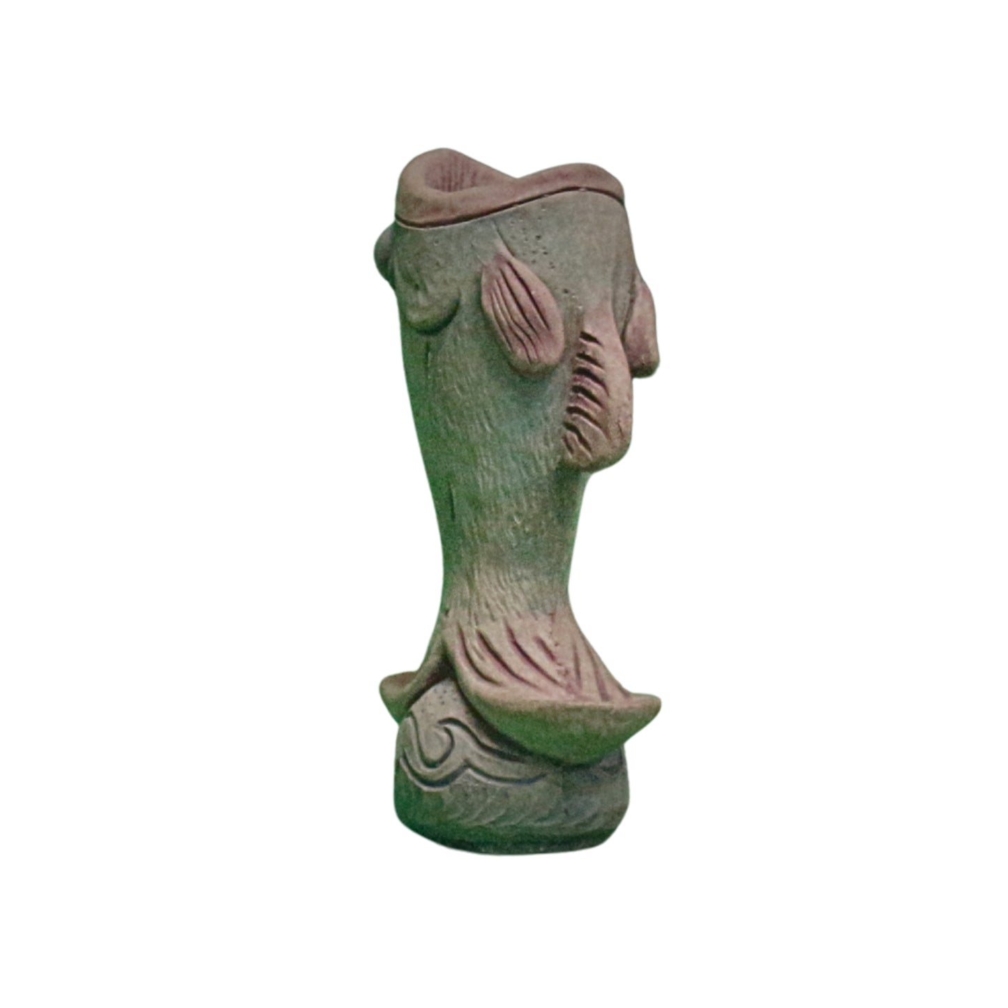 View from the back of a decorative vase shaped like a fish on a white background