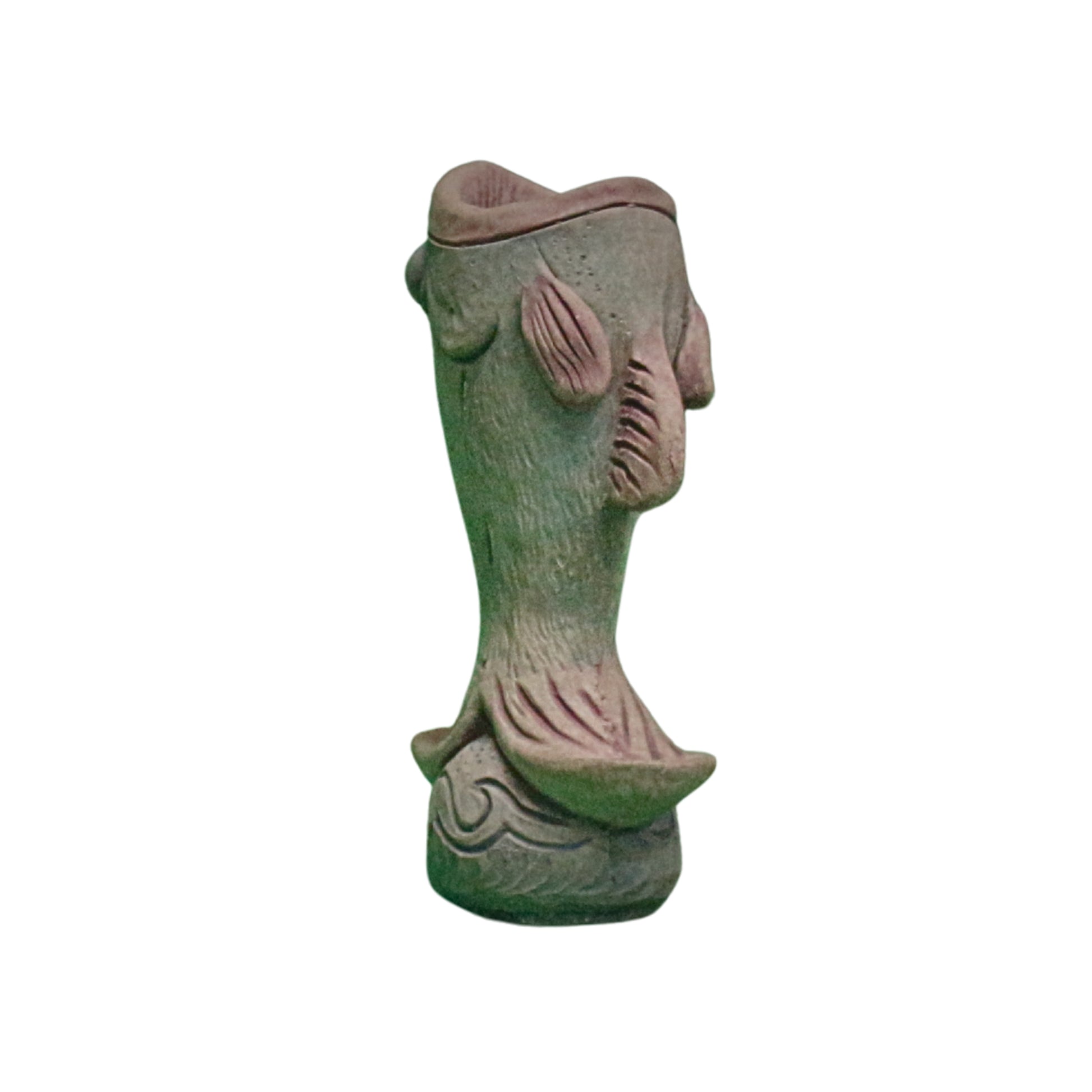 View from the back of a decorative vase shaped like a fish on a white background