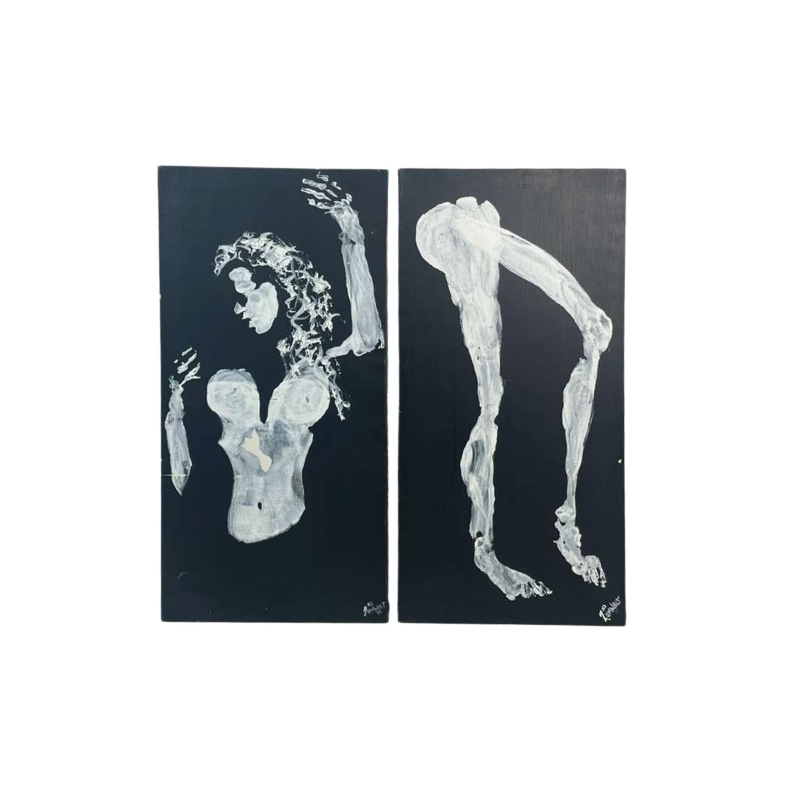 View of a set of 2 wall artworks of legs and breasts on a white background
