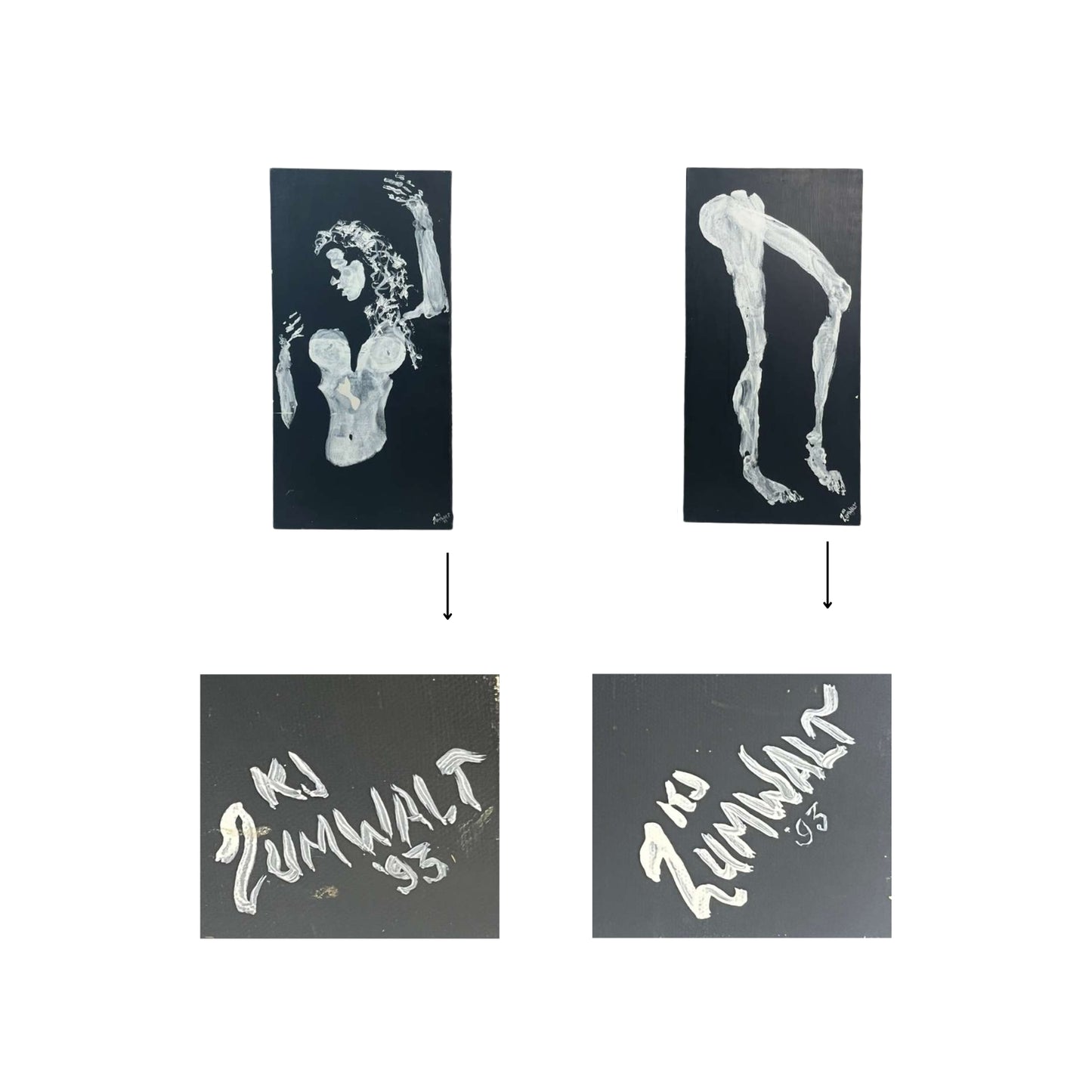 View of the detail of the signature of the artist who painted the wall art of legs and breasts on a white background