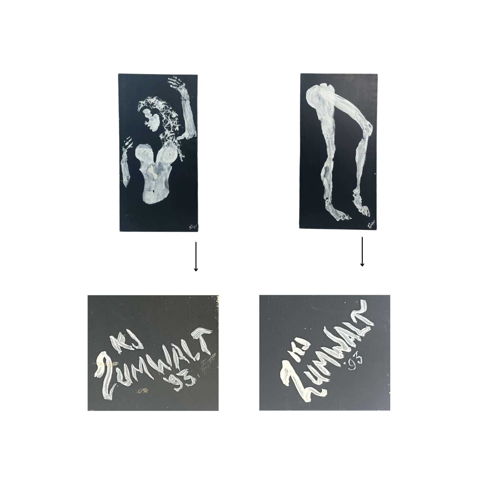 View of the detail of the signature of the artist who painted the wall art of legs and breasts on a white background