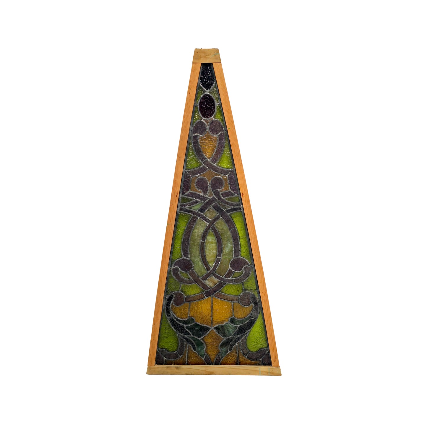 Triangular stained glass panel with wooden frame on a white background