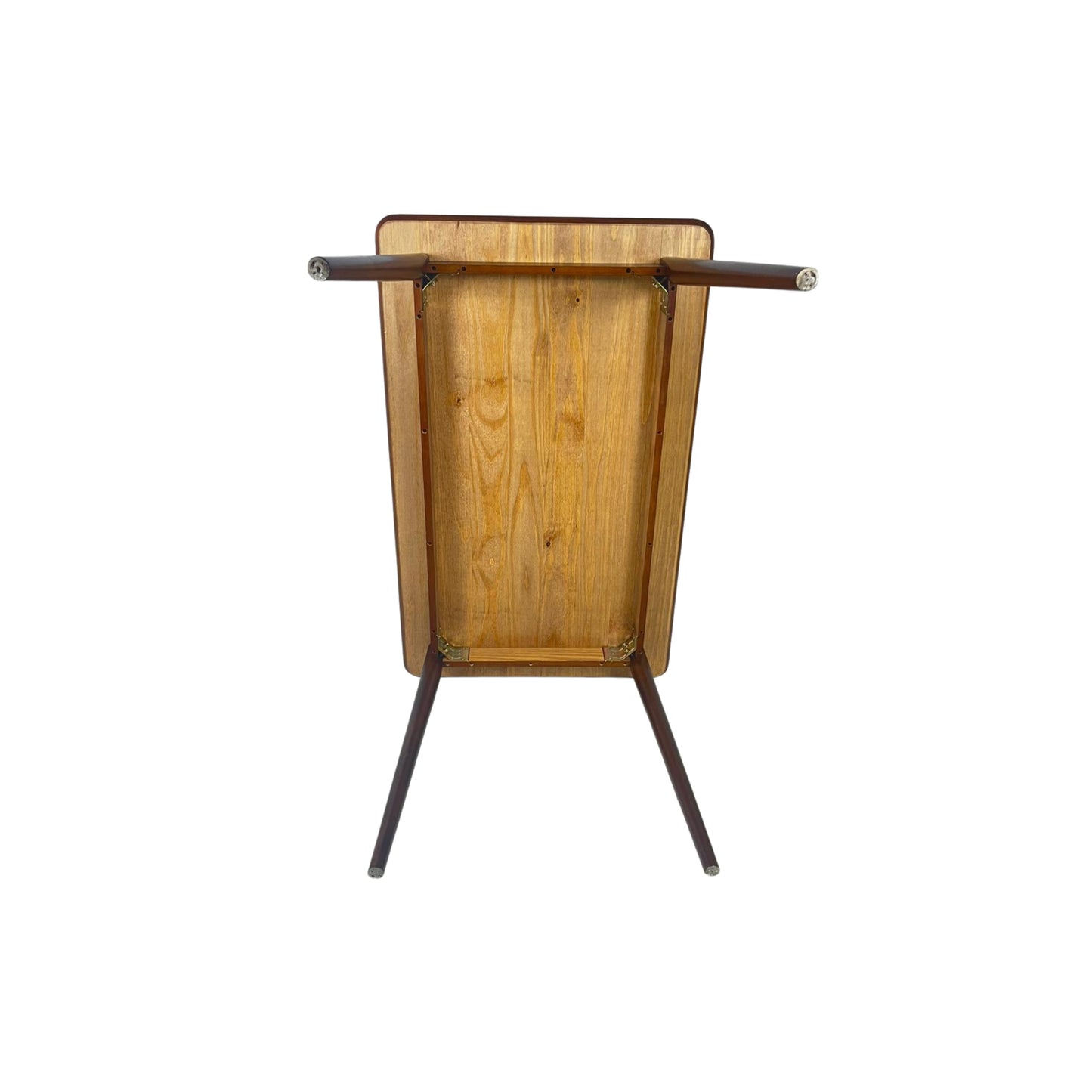 Back view of a rectangular wooden table on a white background