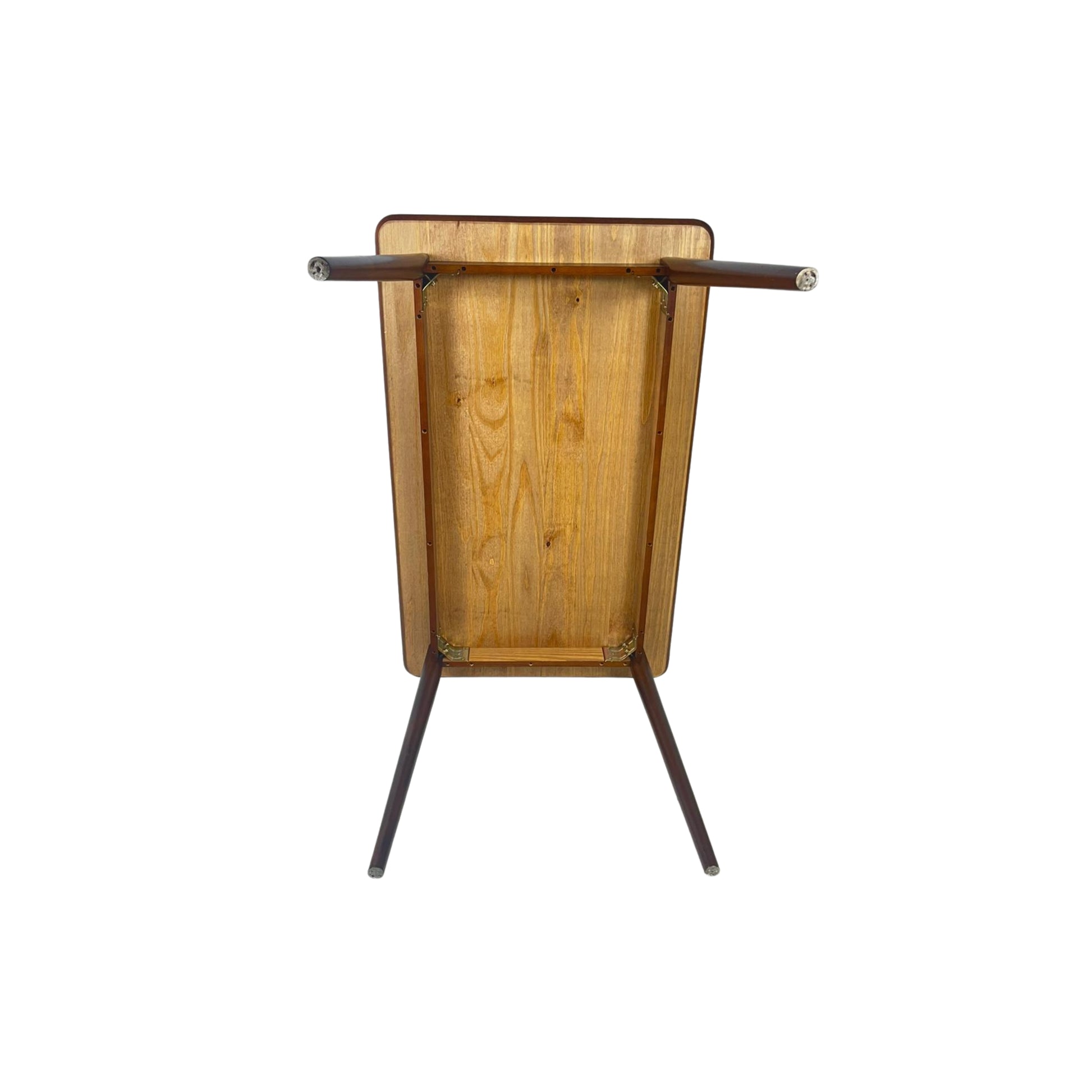 Back view of a rectangular wooden table on a white background