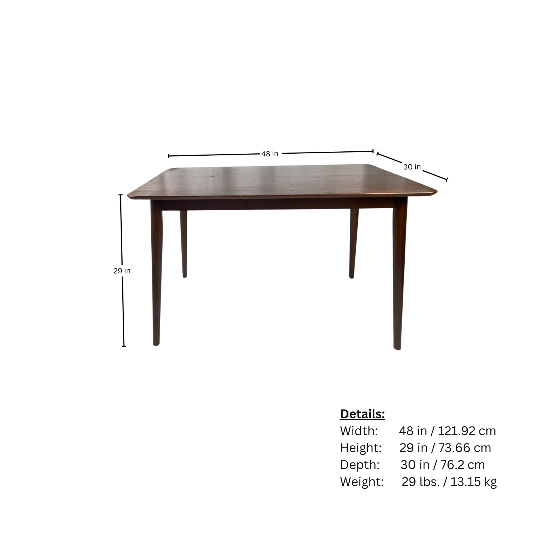 Page of wooden rectangular table measurements on a white background
