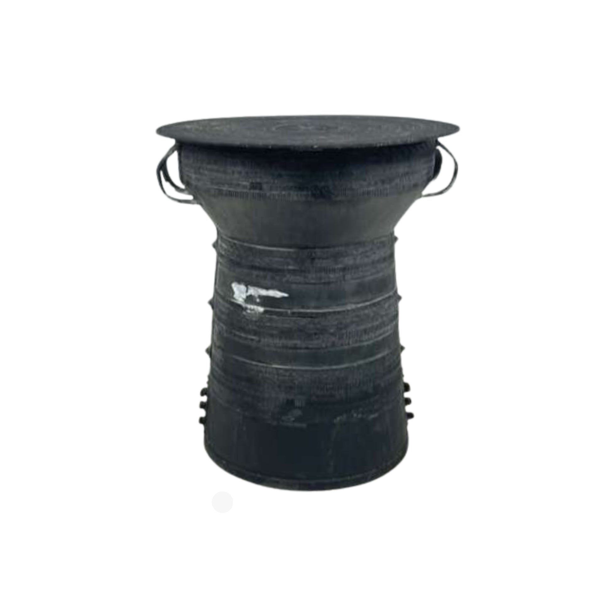 Side view of an outdoor metal table with a drum frog design, top view, from Pottery Barn