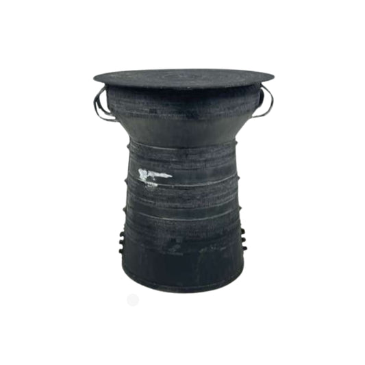 Side view of an outdoor metal table with a drum frog design, top view, from Pottery Barn