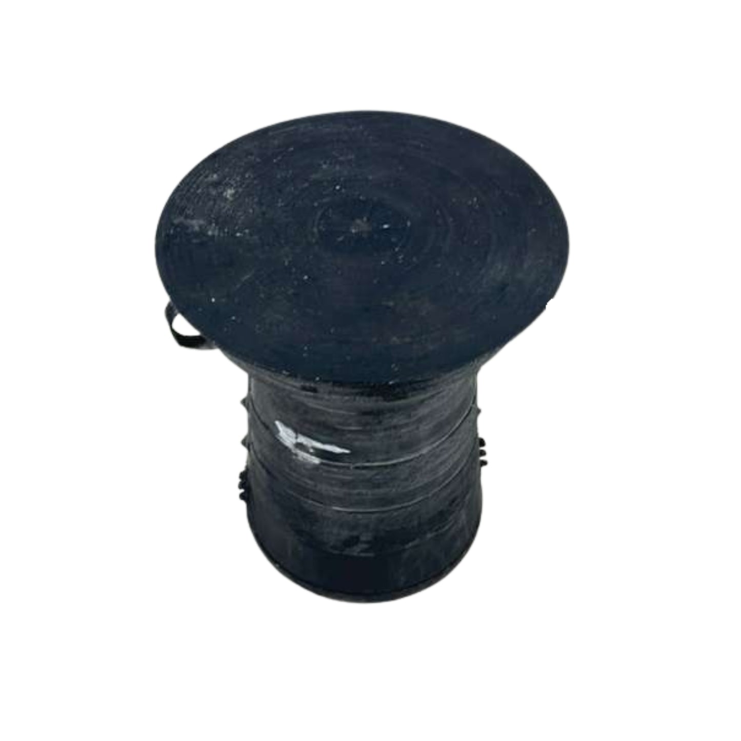 Top view of an outdoor metal side table with a frog drum, overhead view, from Pottery Barn