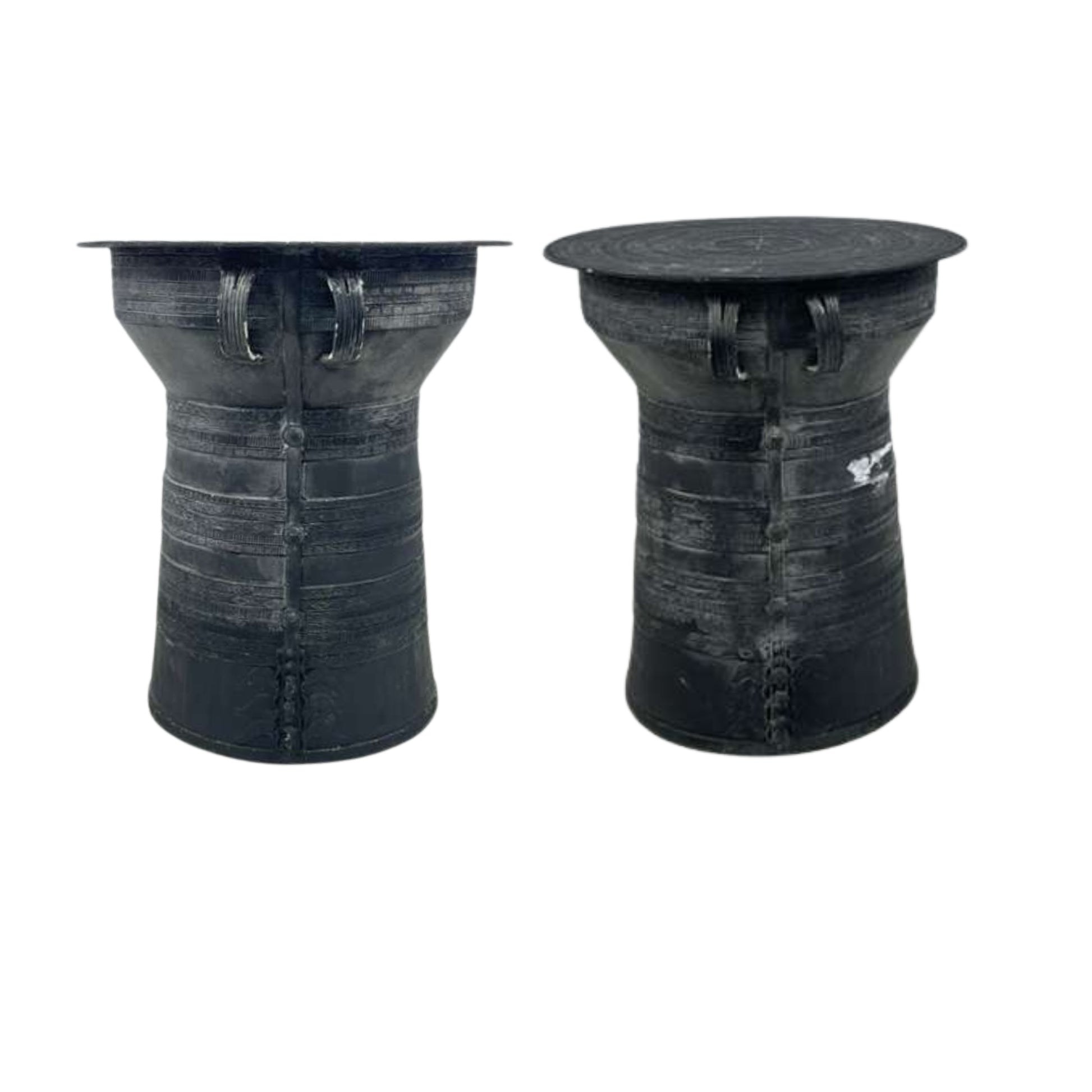 Side view of metal outdoor side table with drum frog design, top view, from Pottery Barn