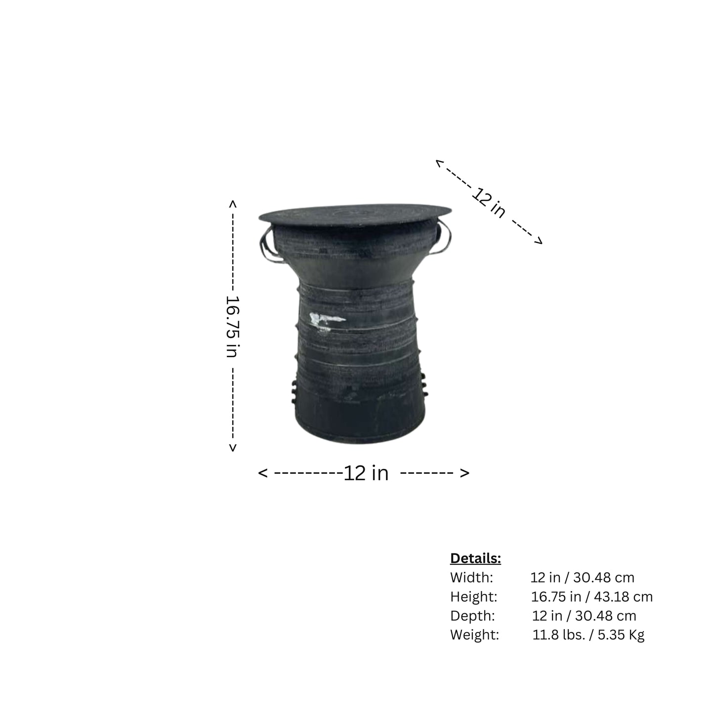 Page of measurements for an outdoor metal side table with a drum frog design, top view, from Pottery Barn