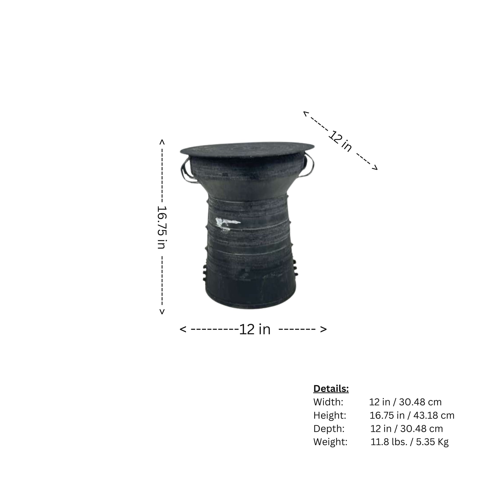 Page of measurements for an outdoor metal side table with a drum frog design, top view, from Pottery Barn