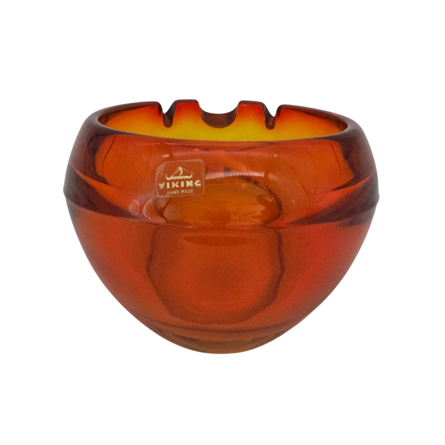 Back view of an orange glass ashtray with 'Viking' branding on a white background