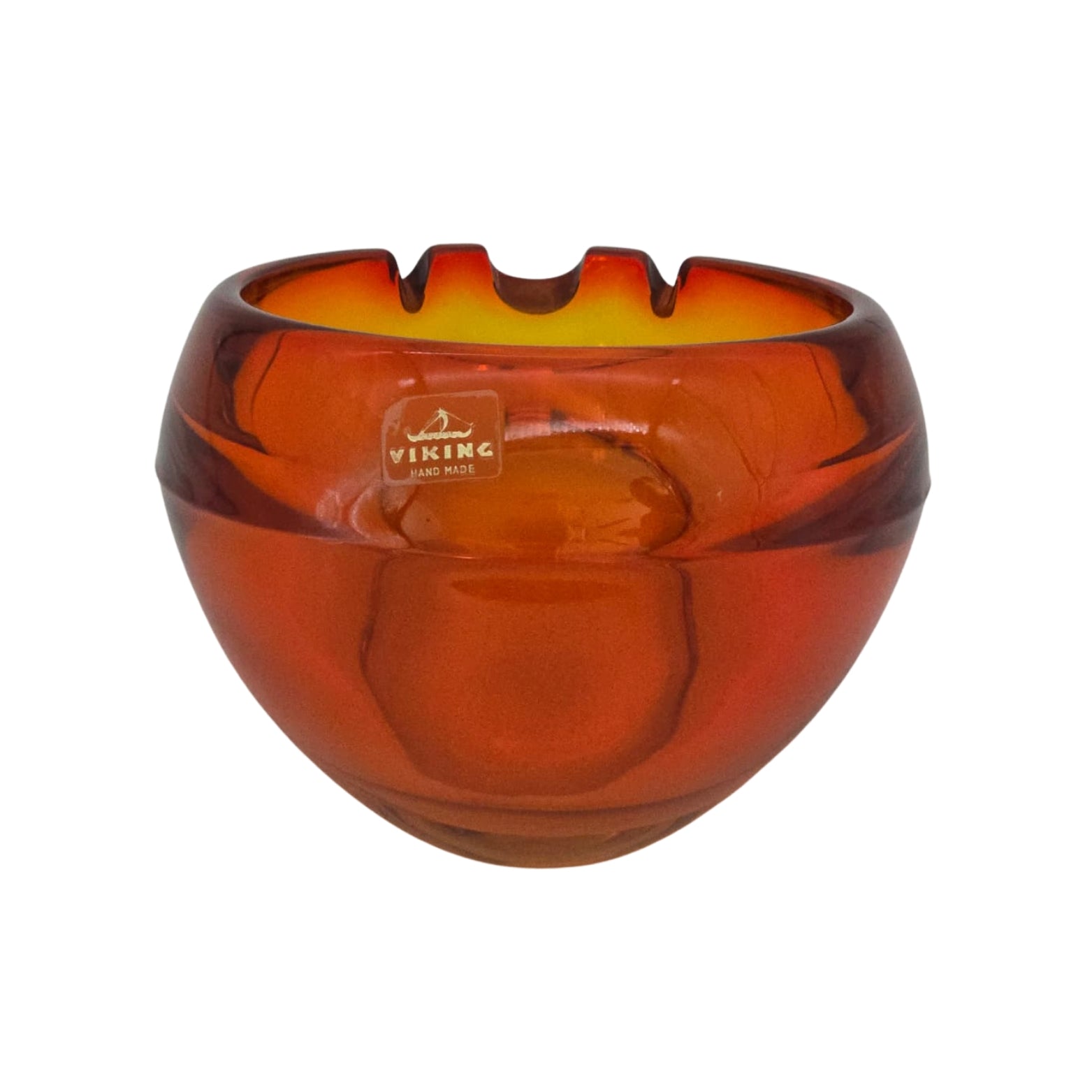 Back view of an orange glass ashtray with 'Viking' branding on a white background