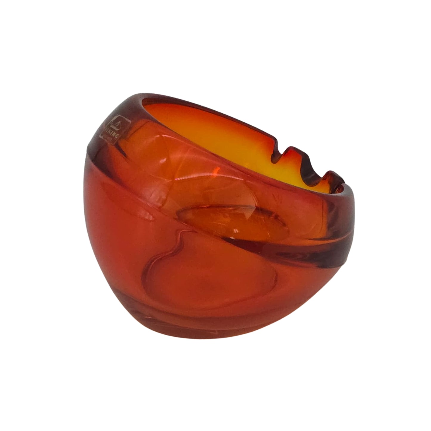 Side view of an orange glass ashtray with 'Viking' branding on a white background