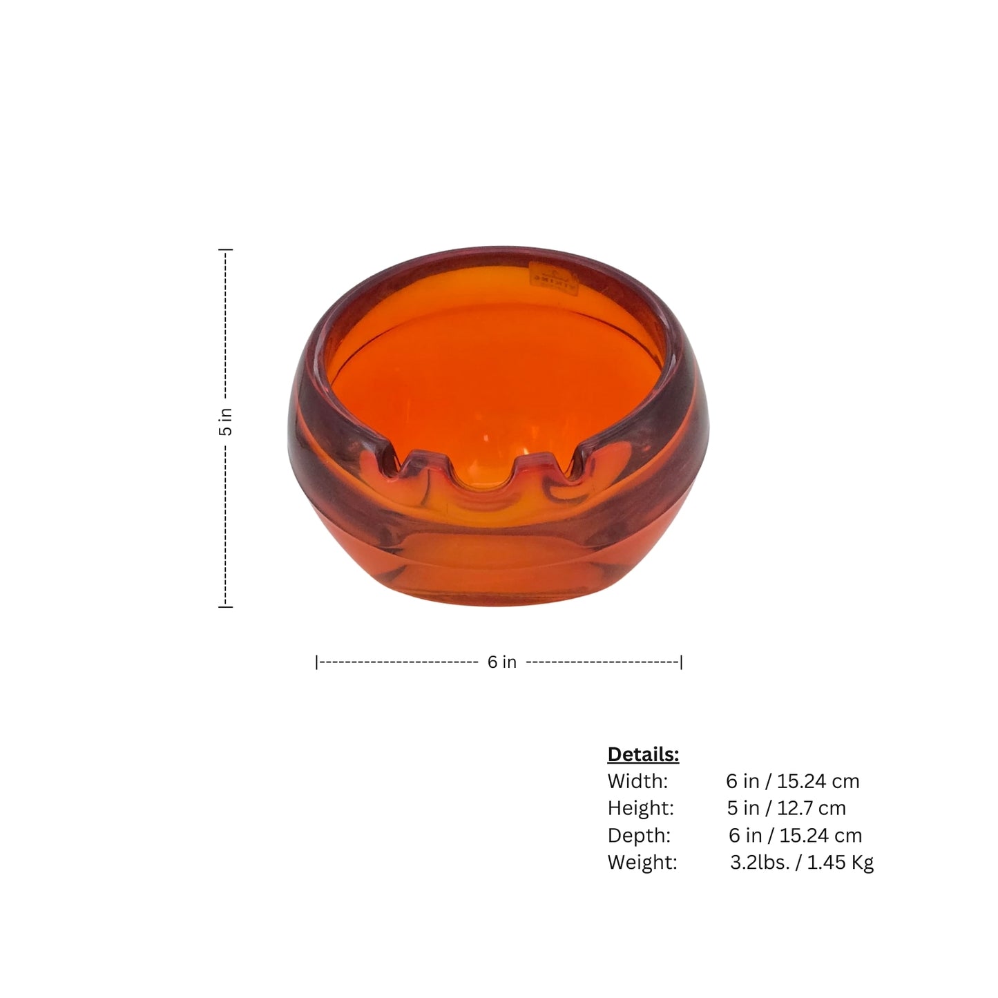 Measurements of an orange glass ashtray with 'Viking' branding on a white background