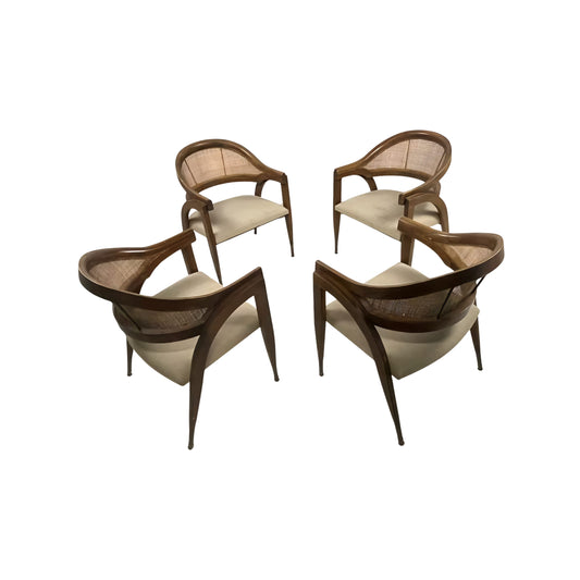 View of Cane Back Armchairs inspired by 1950s Edward Wormley - Set of 4 on white background
