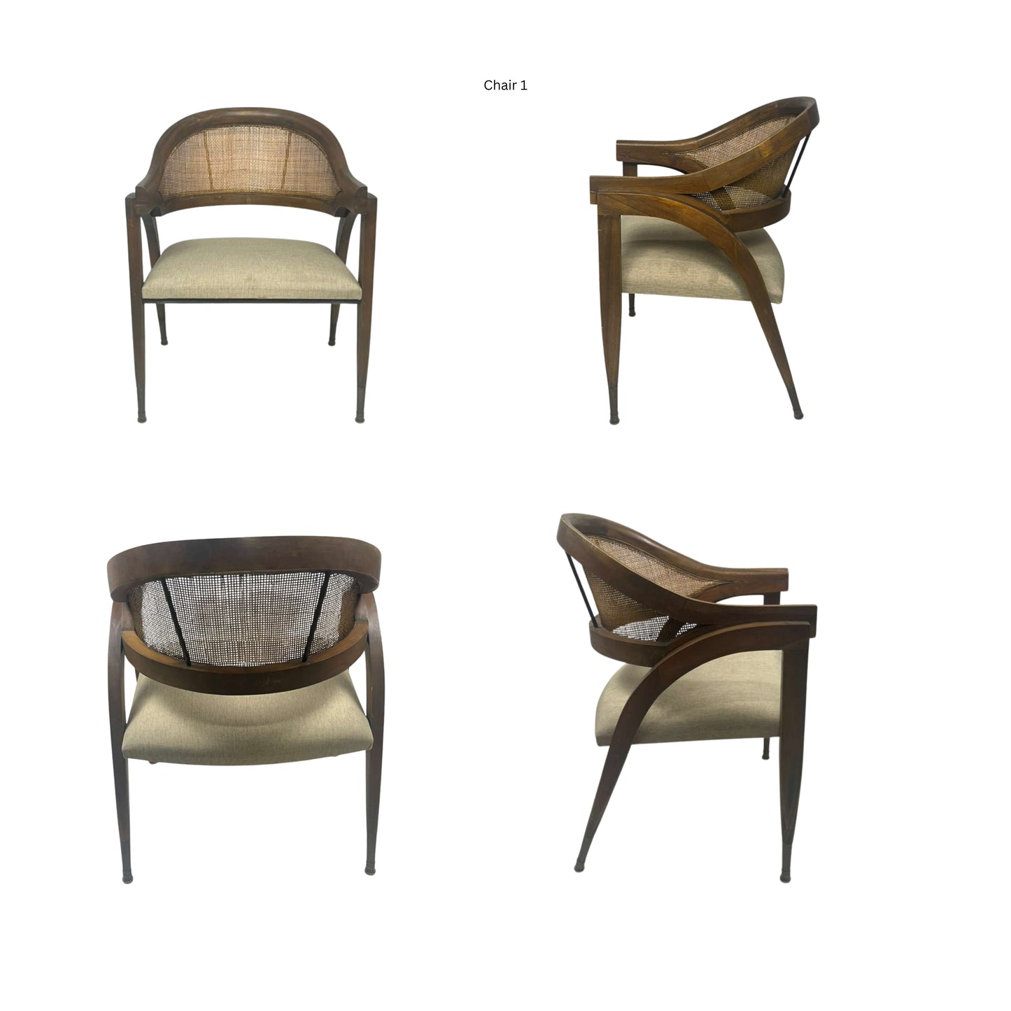 Four views of a wooden chair with woven backrest on a white background