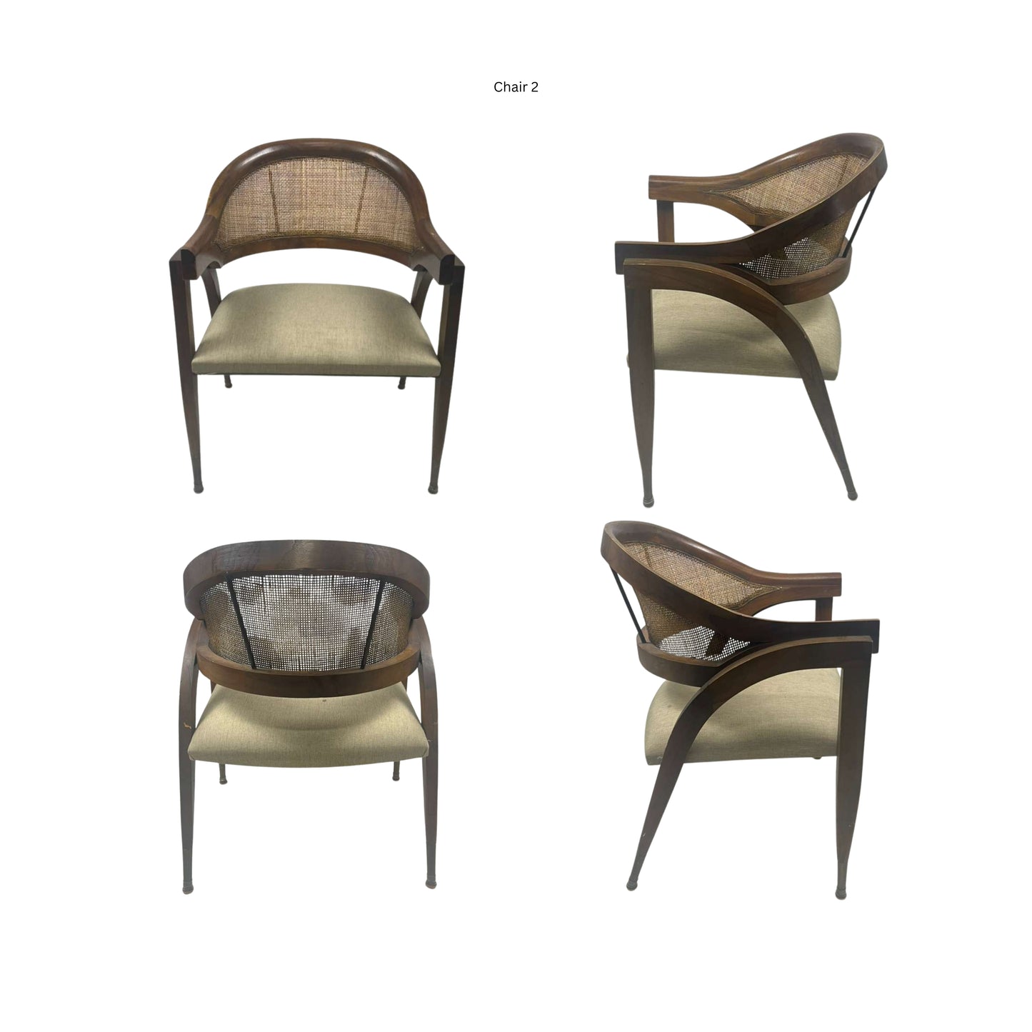 Four views of a chair with a woven backrest on a white background