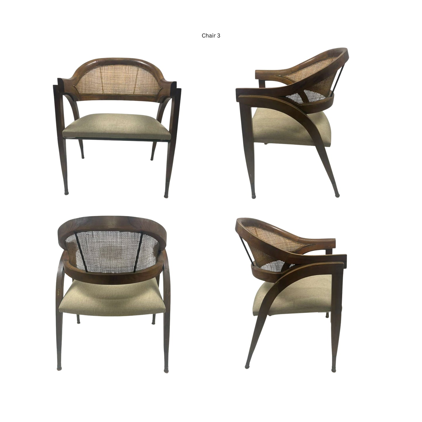 Four views of a wooden chair with woven backrest on a white background