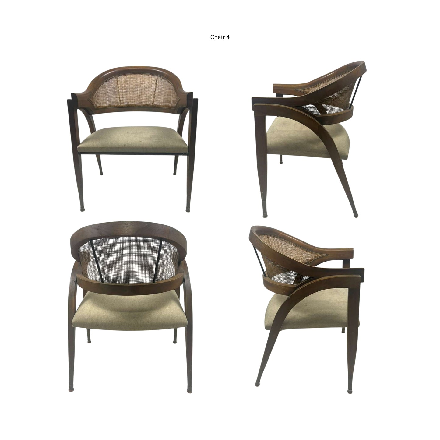 Four views of a modern chair with wooden frame and mesh back on a white background.