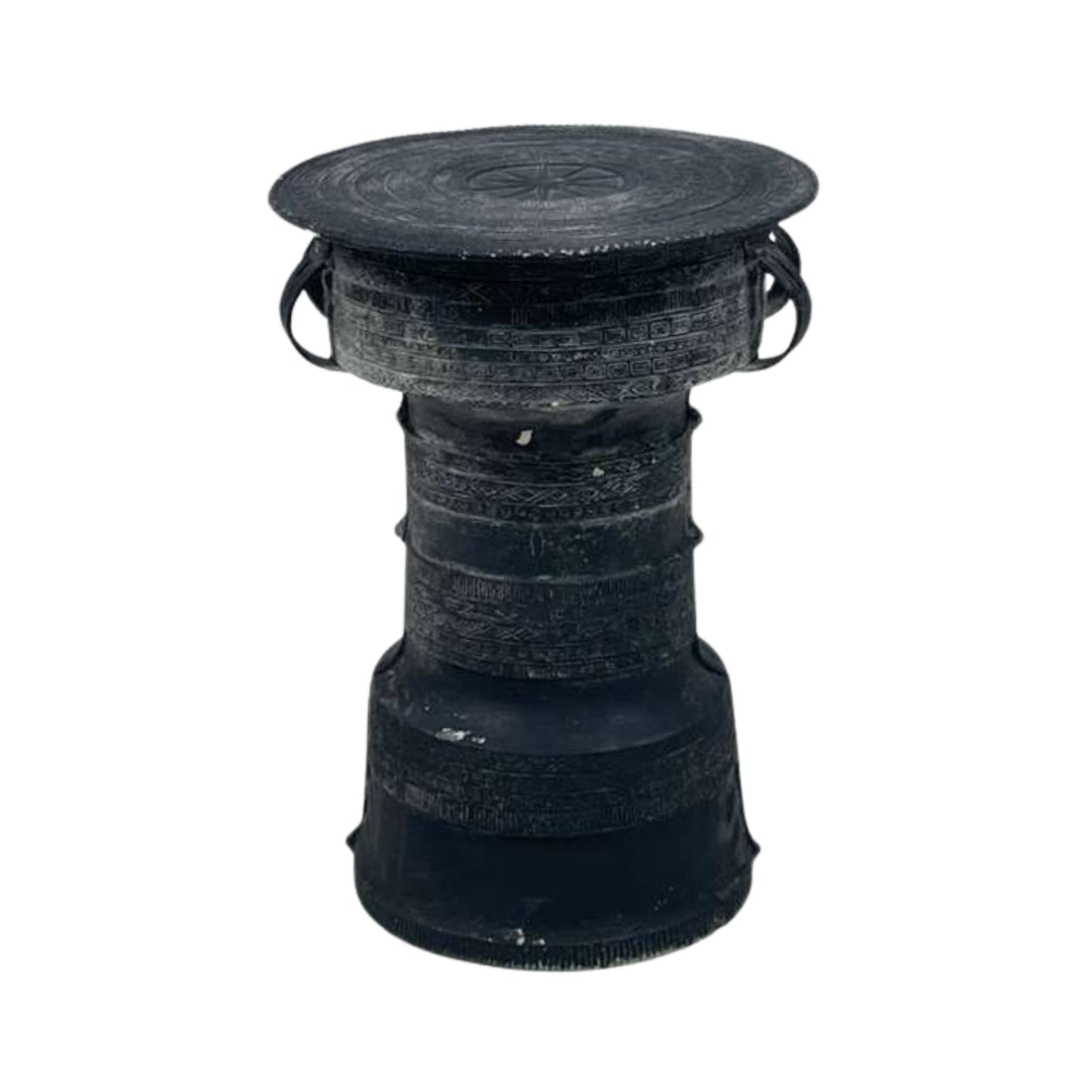 Front view of large outdoor metal side table with Pottery Barn frog drum on white background