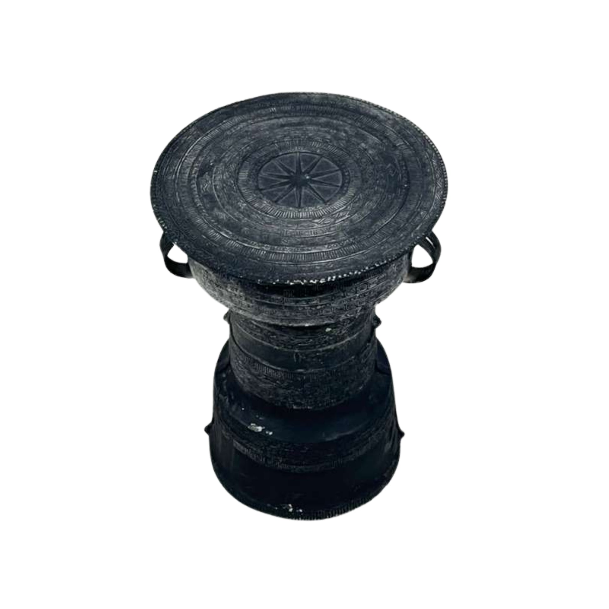 Top view of large outdoor metal side table with frog drum, top view, from Pottery Barn