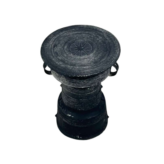 Top view of large outdoor metal side table with frog drum, top view, from Pottery Barn