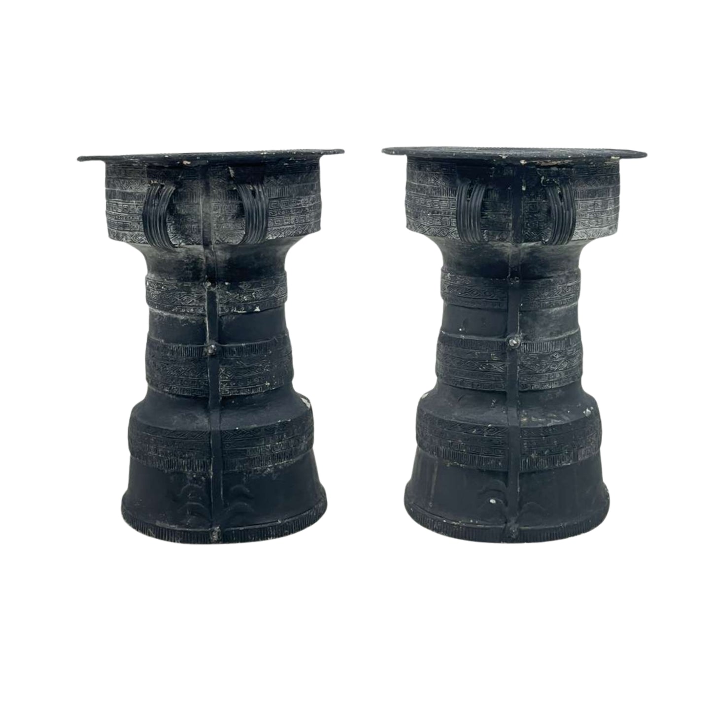 Side view of a large outdoor metal side table with a frog drum, top view, from Pottery Barn