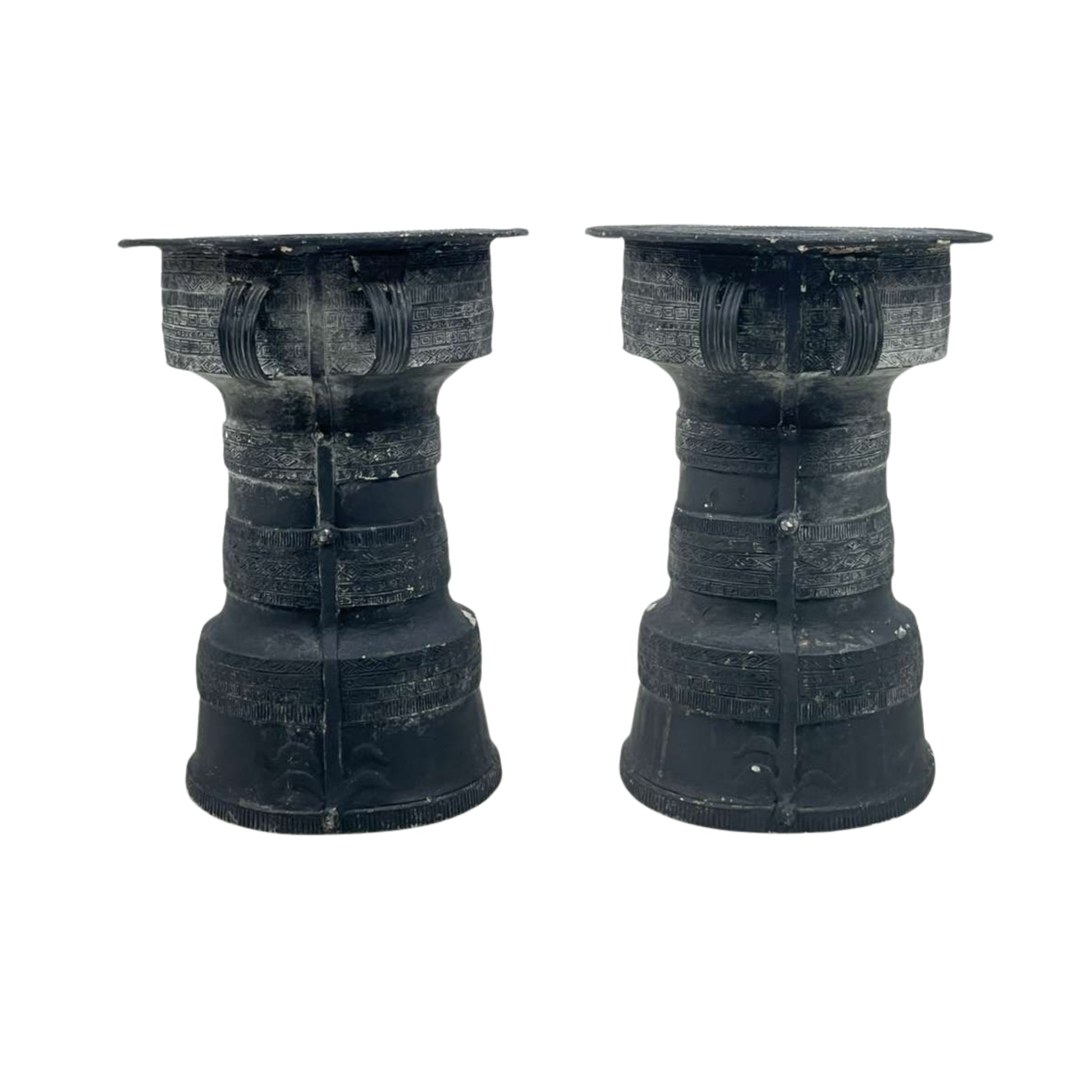 Side view of a large outdoor metal side table with a frog drum, top view, from Pottery Barn