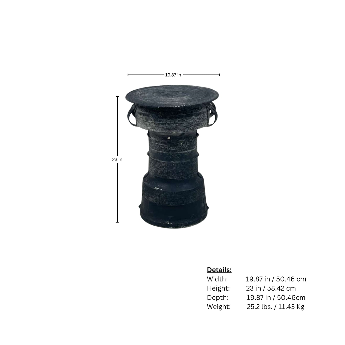 Page of measurements of large outdoor metal side table with Pottery Barn frog drum on white background
