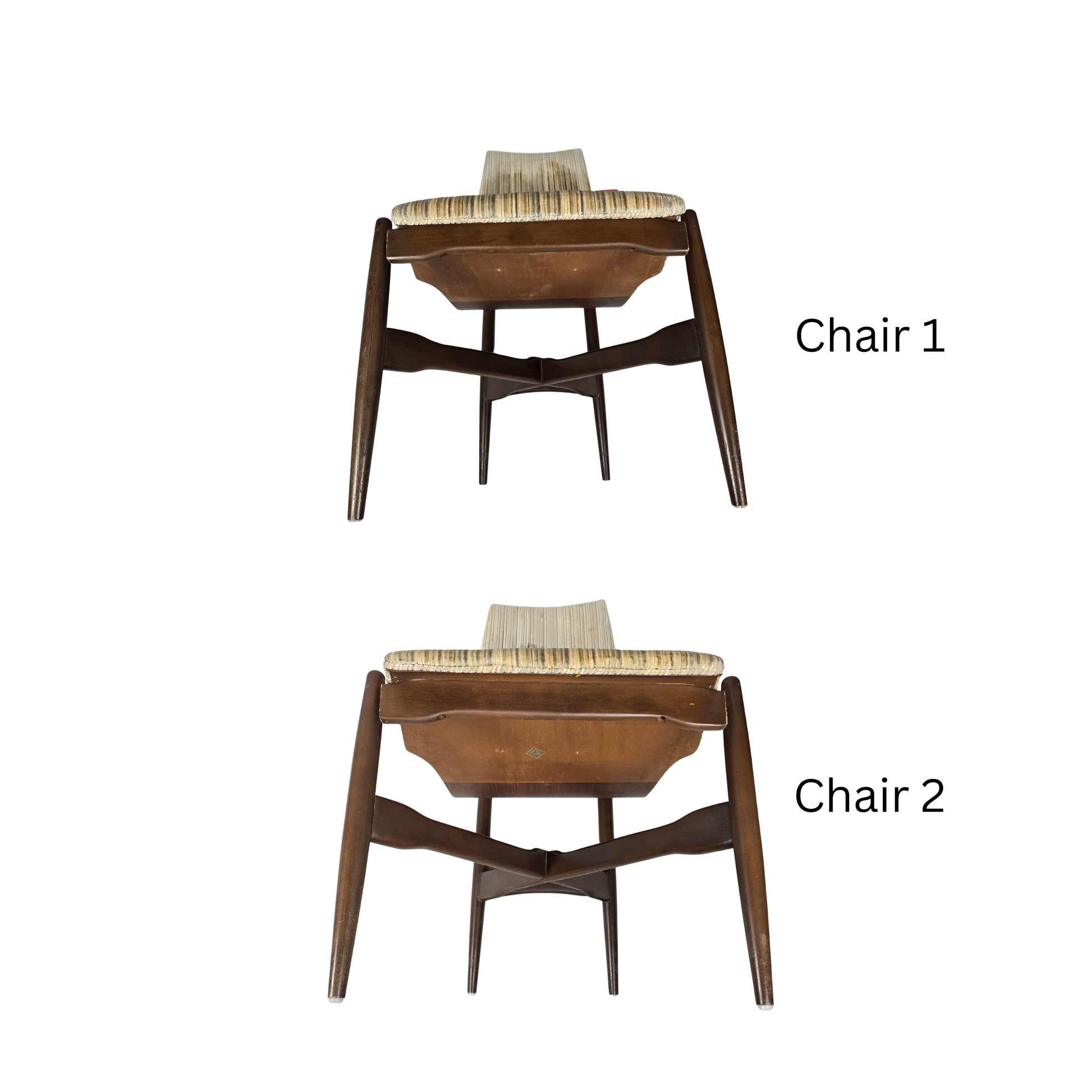 Two wooden chairs with woven seats on a white background