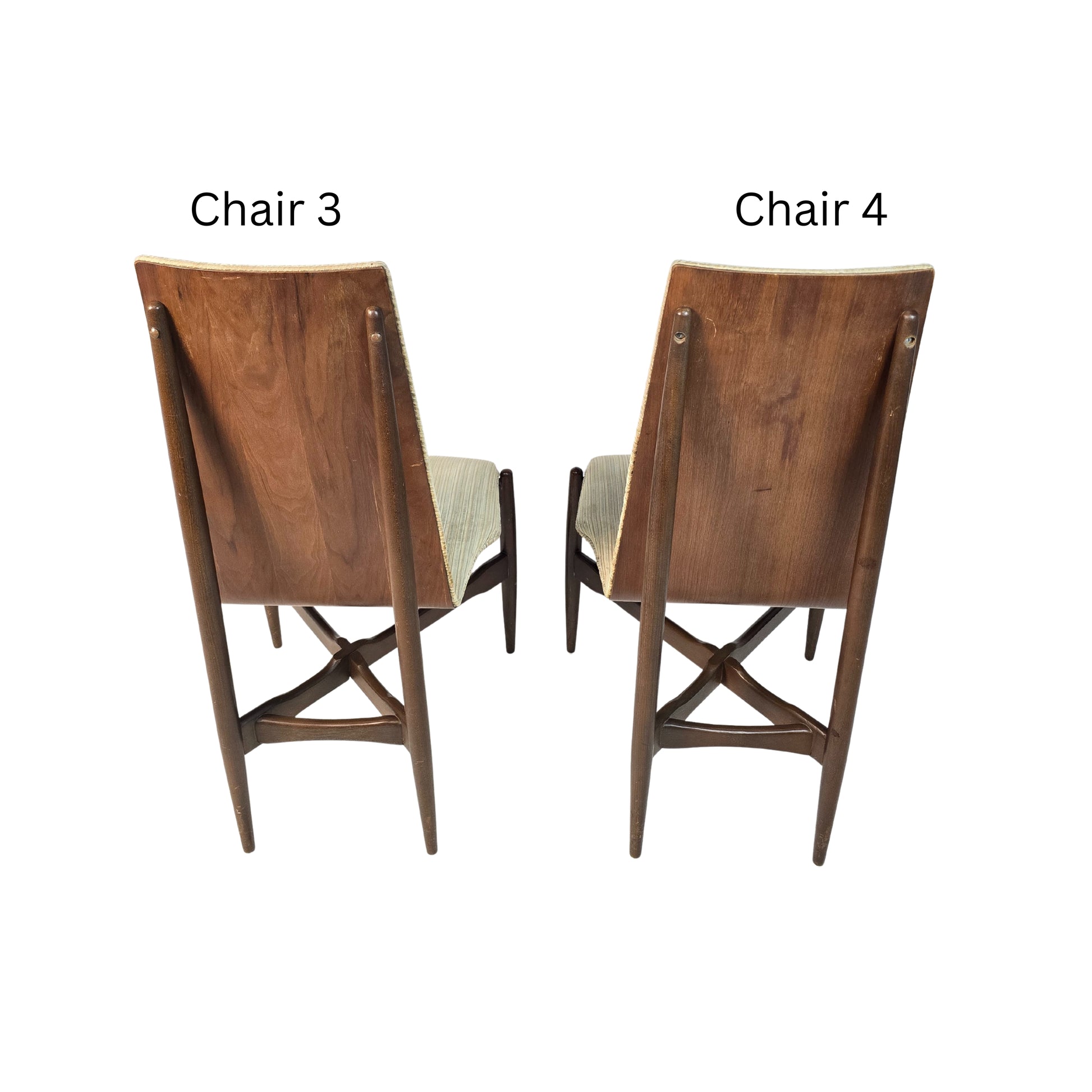 Two wooden chairs labeled 'Chair 3' and 'Chair 4' on a white background.