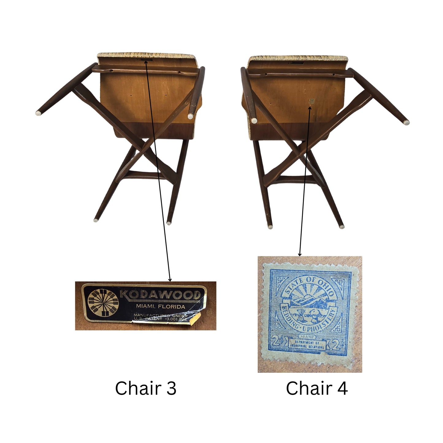 Two wooden chairs labeled 'Chair 3' and 'Chair 4' with a brand label in the corner.