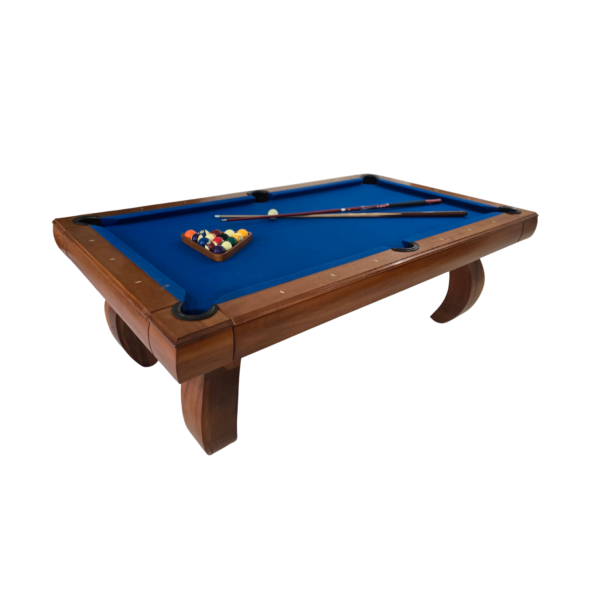 Wooden pool table with blue felt surface and pool cues on a white background