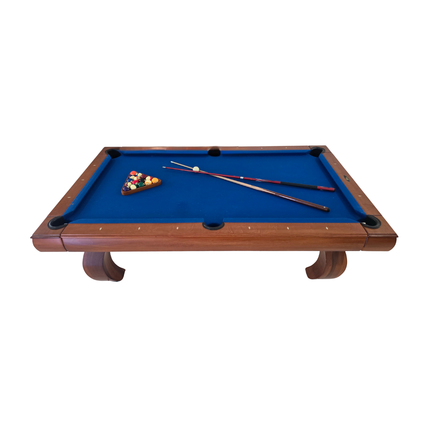 Pool table with blue felt surface and pool cues on a white background