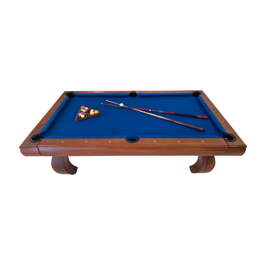 Pool table with blue felt surface and pool cues on a white background