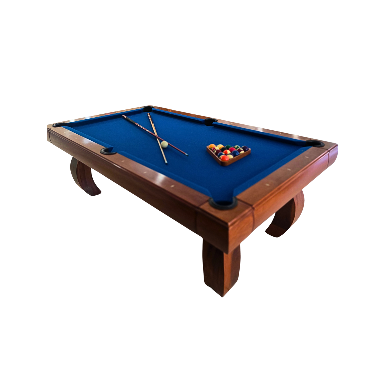 Pool table with blue felt surface and billiard balls on a white background