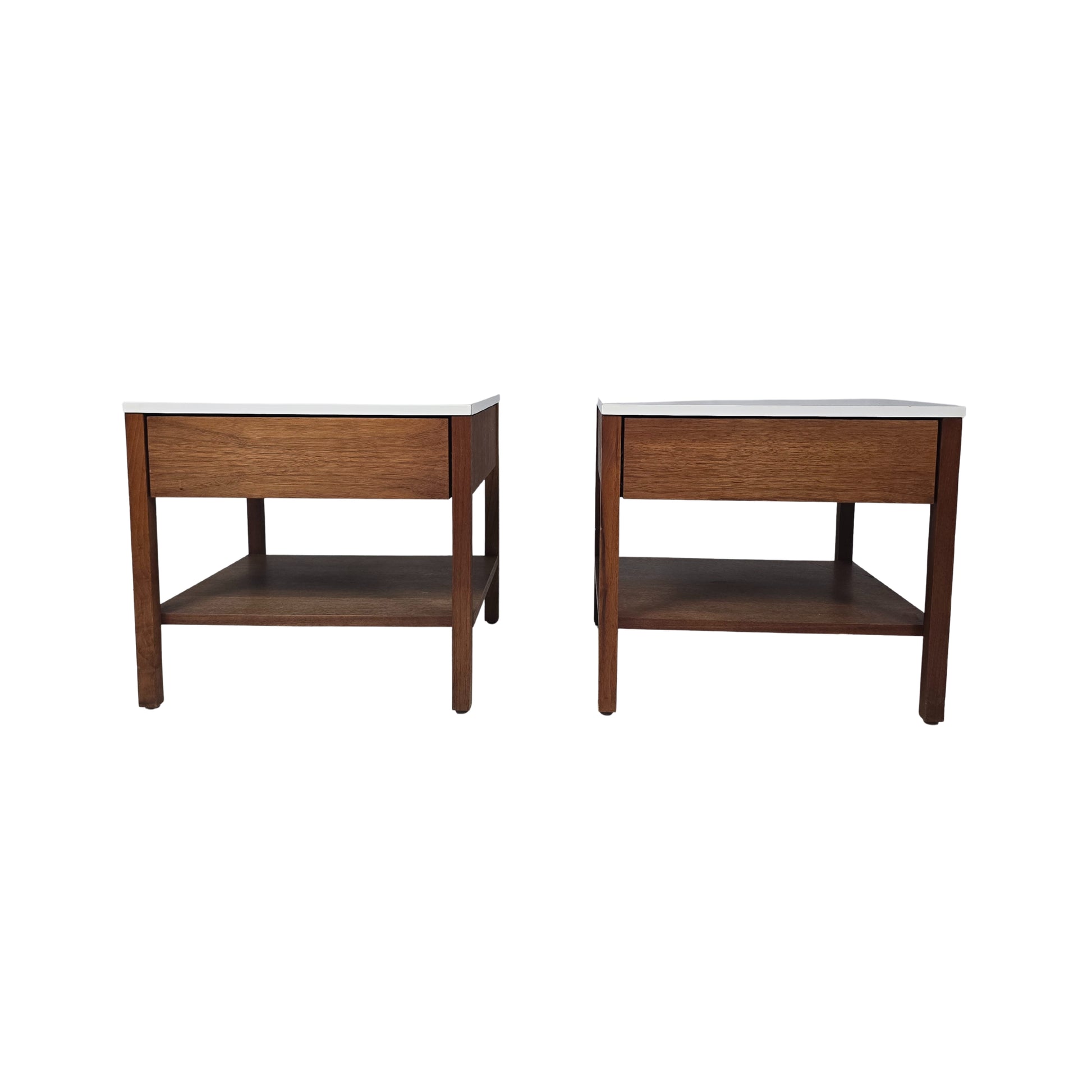 Two wooden nightstands with a white background