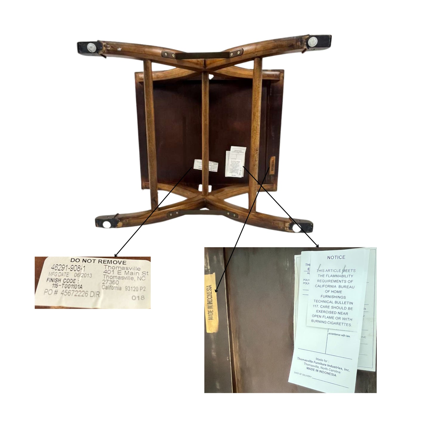 Bottom view of a wooden crossbow with labels and notices 