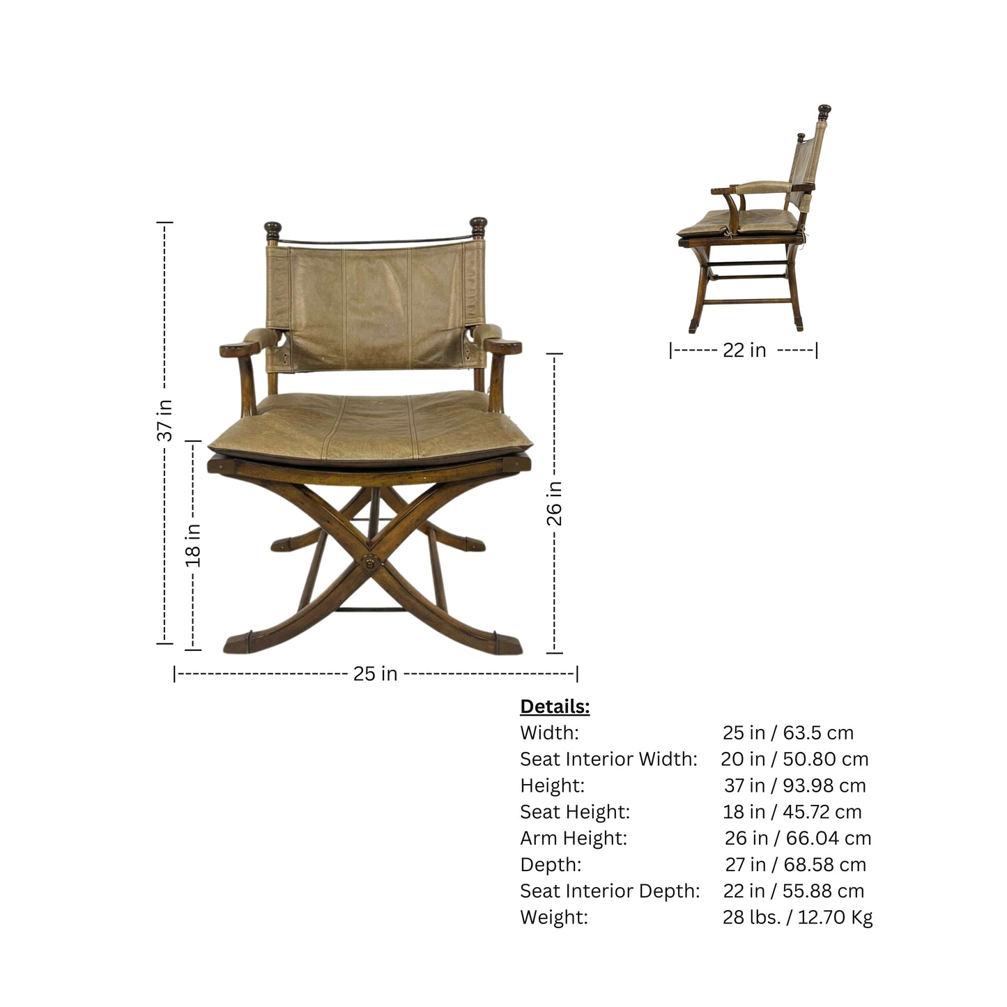 Wooden director's chair with dimensions and details 