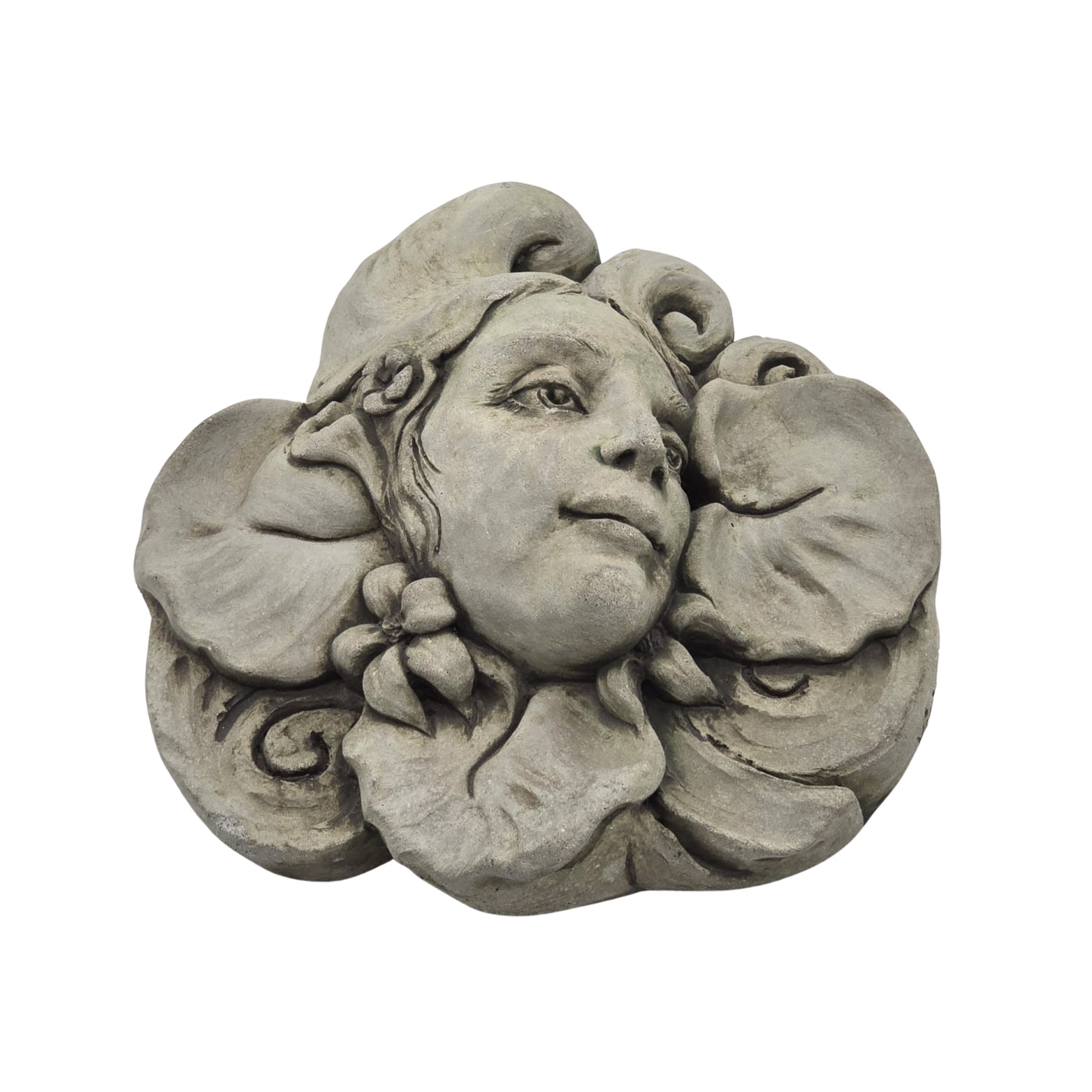 Decorative stone wall plaque with a face and floral design on a white background