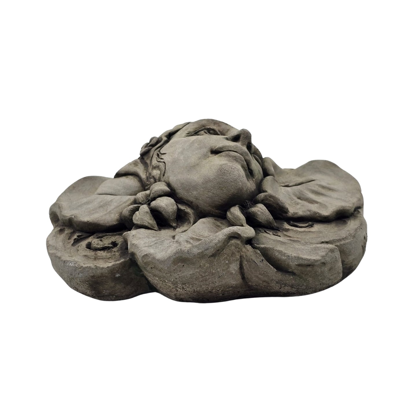 Bottom view of decorative stone wall plaque with face and floral design on white background
